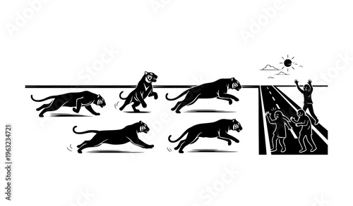 Tiger running pose collection on road with scared people silhouettes sunrise wildlife flat vector set
