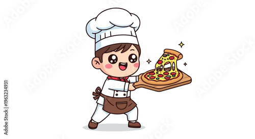 Cartoon chef presenting a pizza on a wooden tray with a cheerful expression against a clean white background.