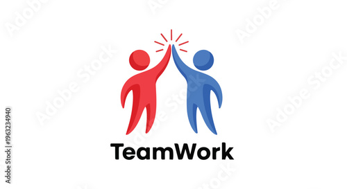 Two stylized figures, one red and one blue, high-fiving to celebrate success and teamwork concept