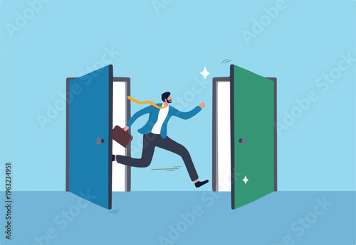 Change job, career transition or move to new opportunity, employee turnover, resignation or leave company, new job, employment, recruitment concept, businessman leave open door to new opportunity
