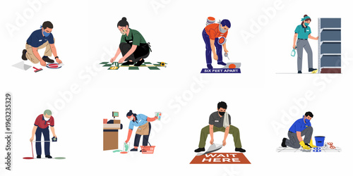 Vector illustration set of diverse retail workers installing social distancing floor stickers and safety signs in stores during the COVID-19 pandemic.