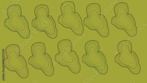 Ten identical abstract human-like figures in yellow with black outlines, arranged in two rows, graphic design