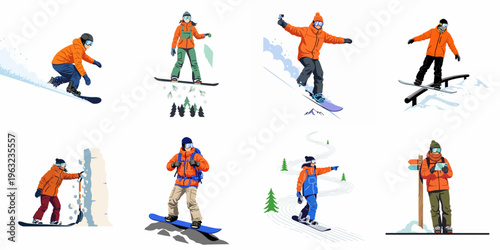 Collection of eight flat-style vector illustrations depicting various snowboarders performing jumps, rail grinds, and backcountry exploration in a snowy mountain setting.