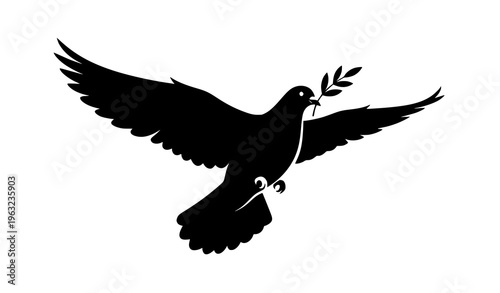 Black silhouette dove carrying olive branch in flight peace and faith symbol vector isolated on white