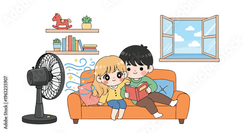 Cartoon illustration of a boy and girl sitting on a couch reading a book next to a fan with a window and bookshelf in the background with a cozy atmosphere.