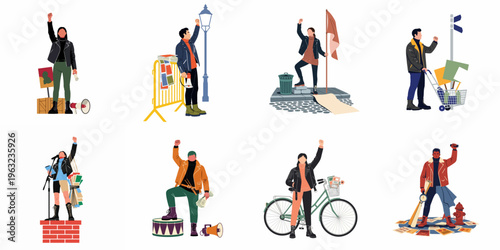Collection of diverse young activists protesting for social change and justice with megaphones, flags, and raised fists in a flat vector style.