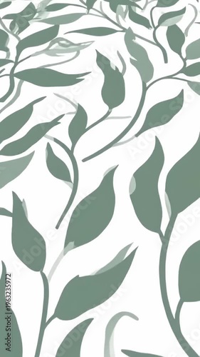 Elegant Minimalist Pattern featuring stylized green leaves and vines on a white background for social media backgrounds and organic branding. Vertical. Video. Portrait Orientation.
