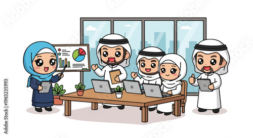 Cartoon illustration of a diverse business team collaborating in an office with laptops and a presentation board, conveying a professional and productive mood.