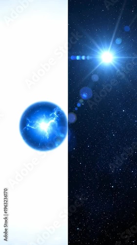 Stunning Cosmic Energy Split Screen featuring a glowing blue plasma orb and a bright star in a starry night sky perfect for sci-fi backgrounds and futuristic Vertical. Video. Portrait Orientation.