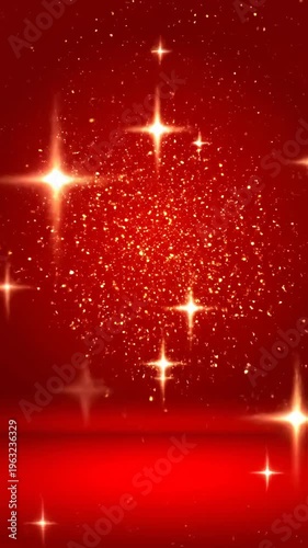 Elegant Golden Sparkles falling on a vibrant red background with glowing light trails perfect for holiday greetings, luxury product reveals, and festive social Vertical. Video. Portrait Orientation.