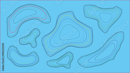 Irregular abstract shapes with layered contours in blue hues against a blue backdrop, modern graphic art, background pattern