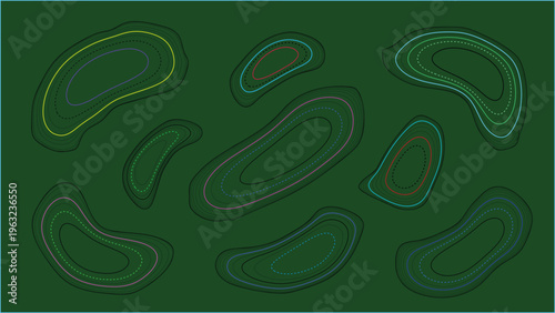 Group of abstract amoeba shapes with subtle color gradients and detailed outlines on a rich green background with background pattern