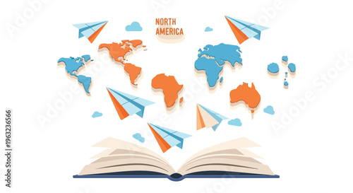 Illustration of an open book with paper airplanes and colorful world map cutouts on a white background.