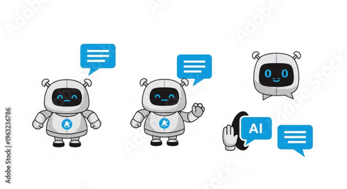 A set of cute robot illustrations with speech bubbles and AI technology