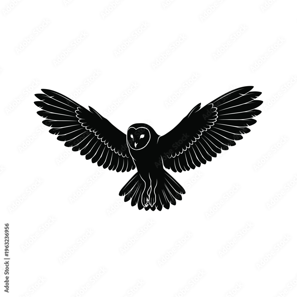Fototapeta premium Black silhouette of an owl in flight with outstretched wings on white background