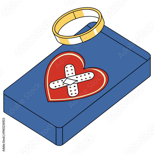 Broken heart with bandage on blue surface and wedding ring, symbol of relationship problems