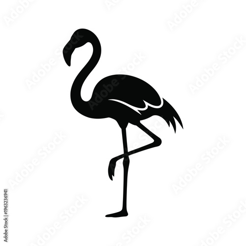 Black flamingo silhouette standing on one leg bird white background