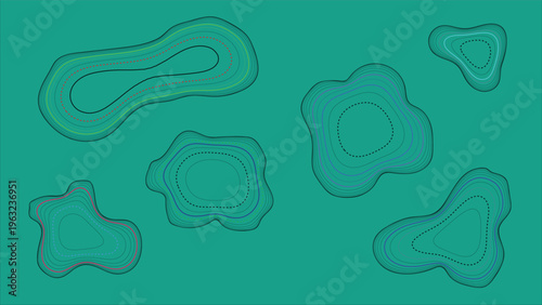 Set of irregular organic shapes in deep teal and blue with textured contours on a dark teal canvas with abstract art