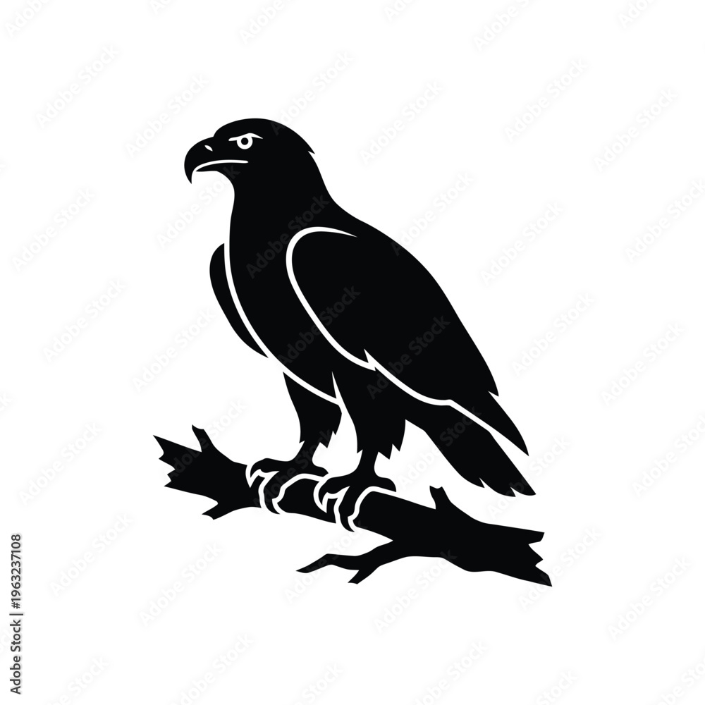 Fototapeta premium Black silhouette of a bird of prey perched on a branch white background eagle