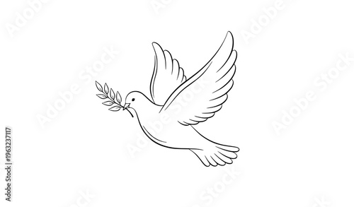 Elegant line art dove with olive branch descending peace and spirituality symbol vector illustration isolated on white