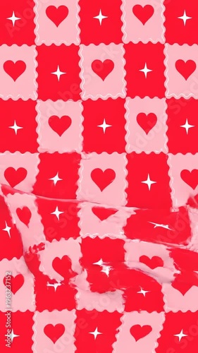 Vibrant Red and Pink Heart Pattern featuring a scalloped checkered design with stars and hearts, ideal for Valentine's Day social media backgrounds and Vertical. Video. Portrait Orientation.