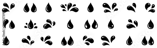 Water splash and droplet icons set featuring liquid drops, splashes, and fluid motion shapes. Ideal for cleaning, hygiene, washing, fluid concepts, rain, and water-related design projects. vector icon