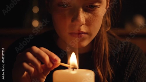 Young girl lighting candle with a match in dimly lit room  