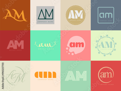 AM logo company template. Letter a and m logotype. Set different classic serif lettering and modern bold text with design elements. Initial font typography.