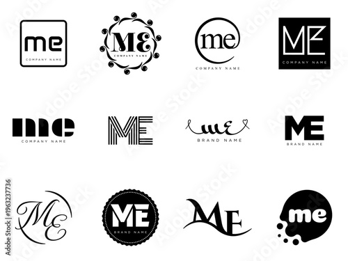 ME logo company template. Letter m and e logotype. Set different classic serif lettering and modern bold text with design elements. Initial font typography.