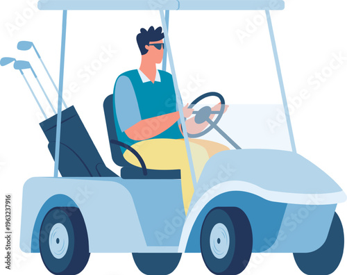 Male golfer driving golf cart on course with clubs