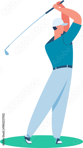 Man golfer performing golf swing action on course