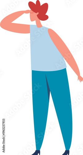 Person standing shading eyes looking searching