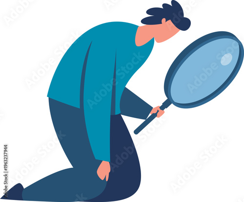 Man kneeling, searching with magnifying glass