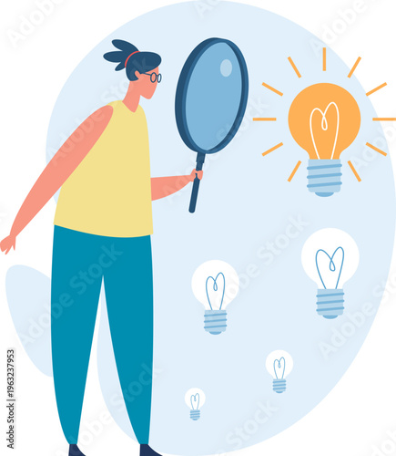 Woman finding a big bright idea with magnifying glass