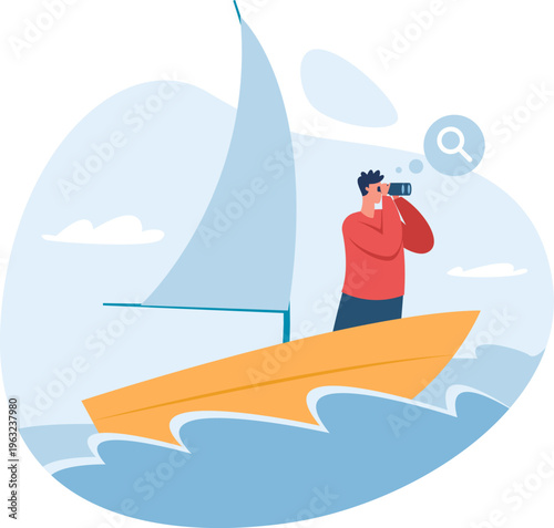 Man sailing looking through binoculars searching future