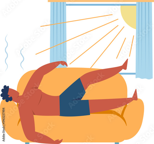 Man feeling hot on couch from sun heat