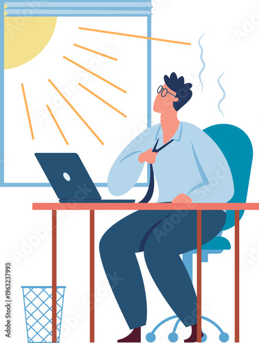 Businessman suffering from summer heat in office