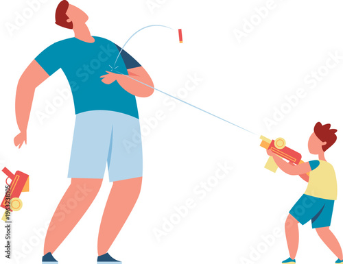 Boy playing water gun spraying his father