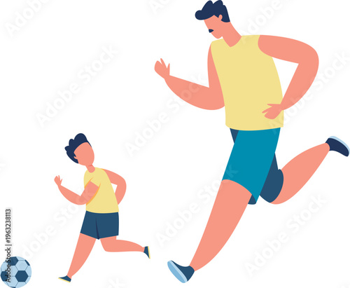 Father and son playing soccer outdoor activity