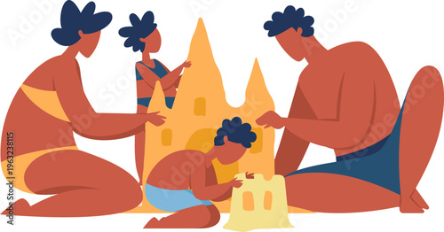 Family building sandcastle enjoying summer beach vacation