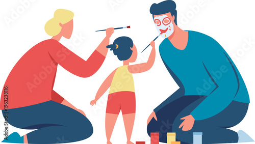 Family painting father's face together enjoying leisure time