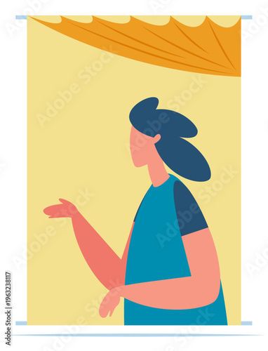 Woman inviting from window with open hand gesture