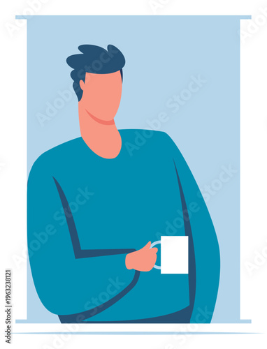 Man relaxing by window holding coffee mug enjoying morning