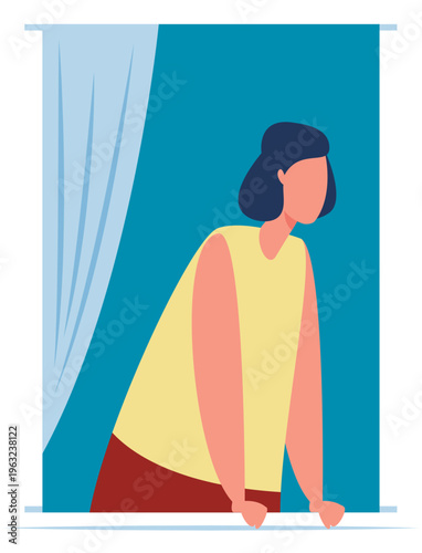 Woman observing outside view from window looking down