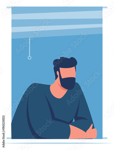 Man wearing face mask looking out window from home