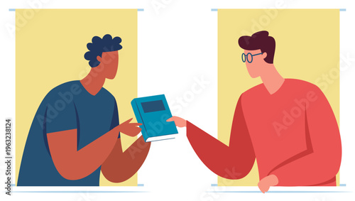People sharing book between windows conceptual illustration