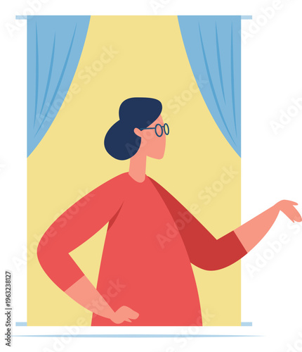 Woman looking out window gesturing communicating