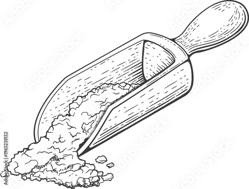 Wooden scoop pouring ingredient from pile engraving