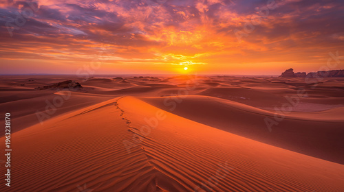 Golden desert dunes are situated under a warm orange sky.