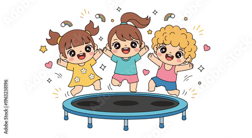 Three happy children jumping on a blue trampoline with colorful confetti and sparkles in the air against a clean white background.